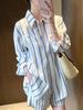 CHAO Women's French-Style Blue Striped Linen Sun Protection Shirt - Loose, Breathable, and Stylish