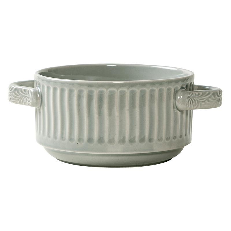 Geprägte vertikale Schüssel Keramik Binaurale Schüssel Restaurant Einfaches Geschirr Gebackene Reisschüssel Haushalts-Schüssel Anti-Verbrühungs-Handgriff-Schüssel