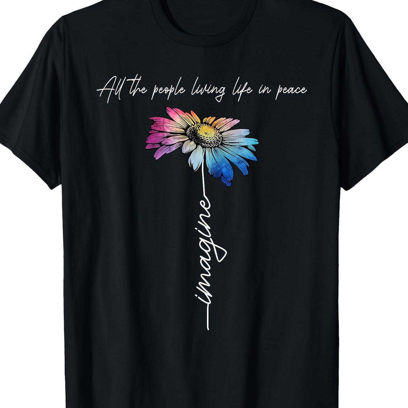Imagine Peace Daisy Flower Graphic Tee Soft Cotton Casual TShirt for Men S