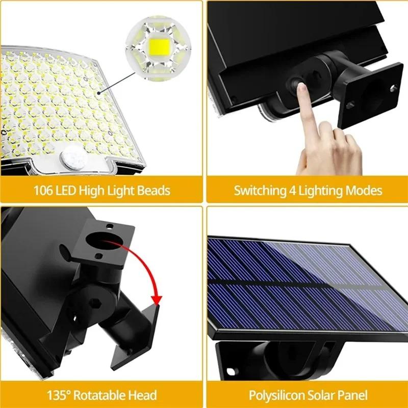 High Power 106LED Solar Outdoor Wall Lamp Waterproof LED Security Lights with 3 Modes Sensor Solar Flood Wall Lamp For Courtyard