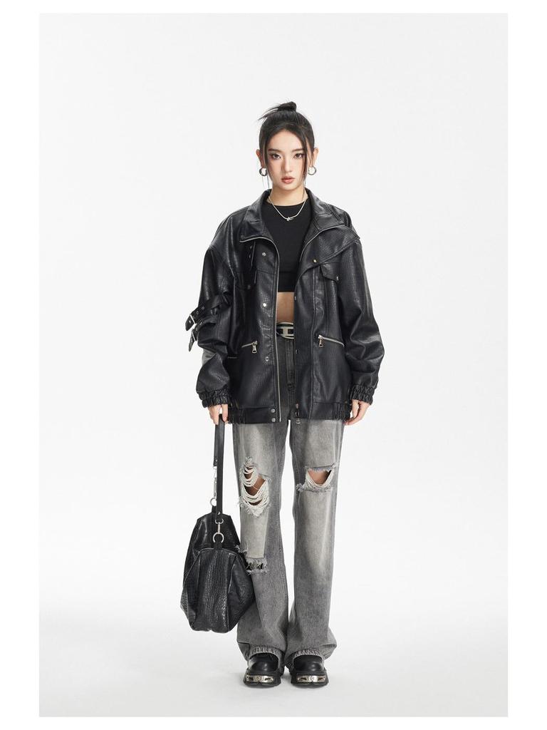 ANSWER ME Unisex Retro PU-Leder Motorradjacke - Trendy, Locker, Lässiger Mantel W251