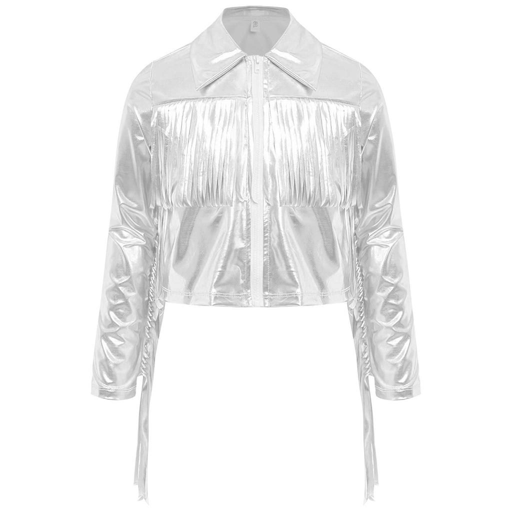 Girls Dance Jacket Metallic Tassel Design Turn Down Collar Long Sleeve Zipper Fringe Party Top