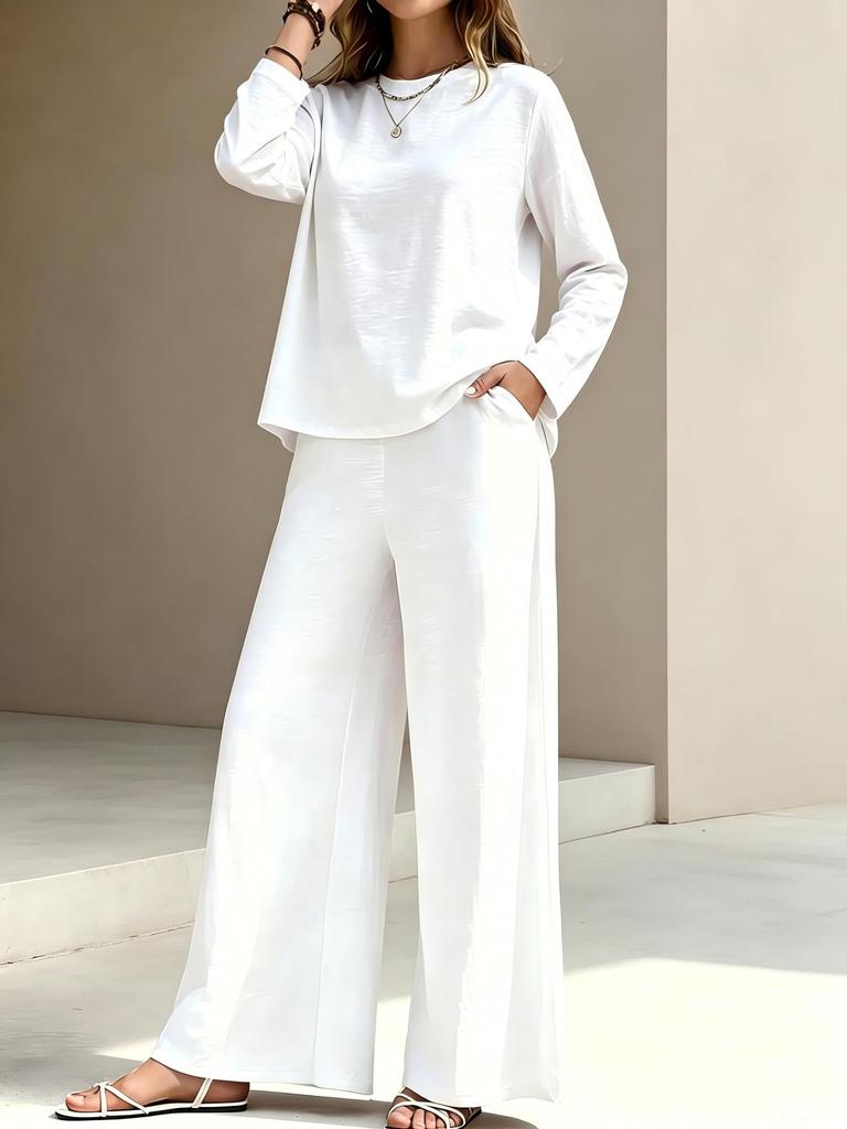 1116 spring and summer new TEMU women's clothing round neck long sleeve high waist wide leg pants fashion casual suit