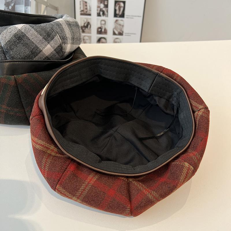 Polished Woolen Plaid Leather Brim Beret Women's Autumn and Winter Retro British Lady Hong Kong Style Ins Painter Hat