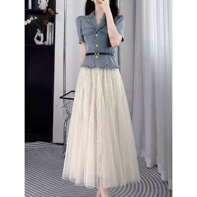 French Denim Short Sleeve Shirt & High-Waist A-line Skirt Set for Women - Summer Slim Fit