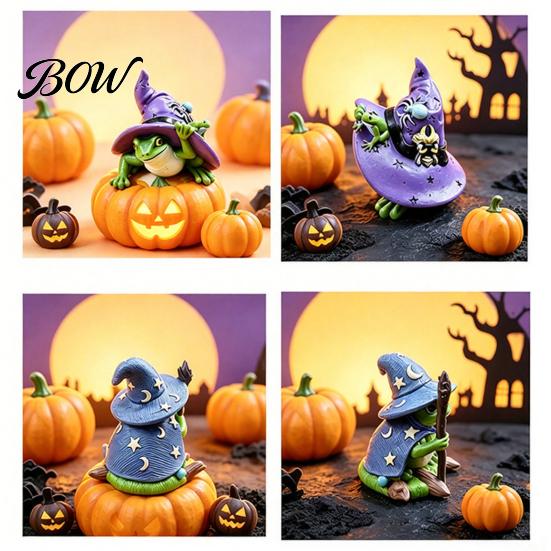 Compact Halloween Desk Sculpture Witch Frog Ornaments, Resin Magic Wizard Figurine, Micro-landscape Miniature Cute Fantasy Mini Statue for Home