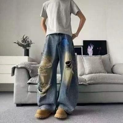 American Dirty Dyed Old Ripped Jeans Men's Autumn Trendy Brand Design Wide-leg Pants High Street Ruffian Handsome Mopping Pants