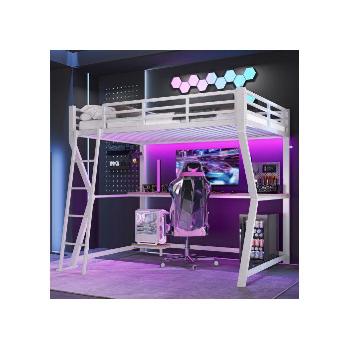 Lit Mezzanine, 90*200 Cm, Éclairage D'ambiance À Distance, Mains Courantes, Escalier, Sans Matelas, Blanc