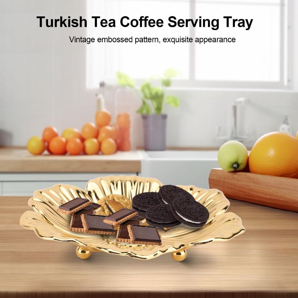 Gold Metal Coffee Tea Tray Retro Embossed Round Flower Tray Turkish Serving Tray  Outdoor Use