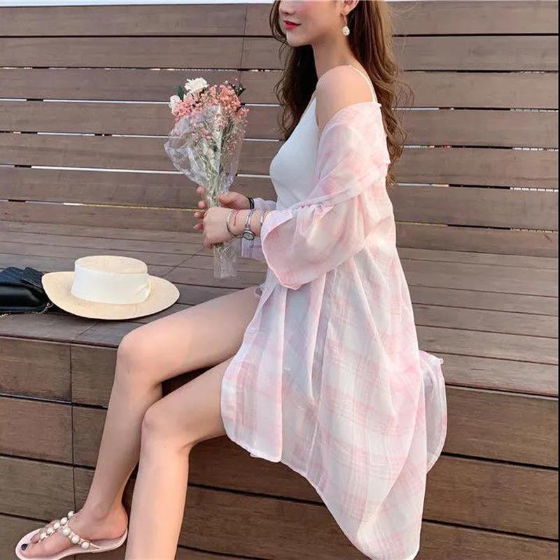 Über das Knie Lange Sonnenschutzkleidung Damen Locker Übergroß MM Karomuster Chiffonhemd Sonnenschutzkleidung Großer Lockerer Langer Mantel