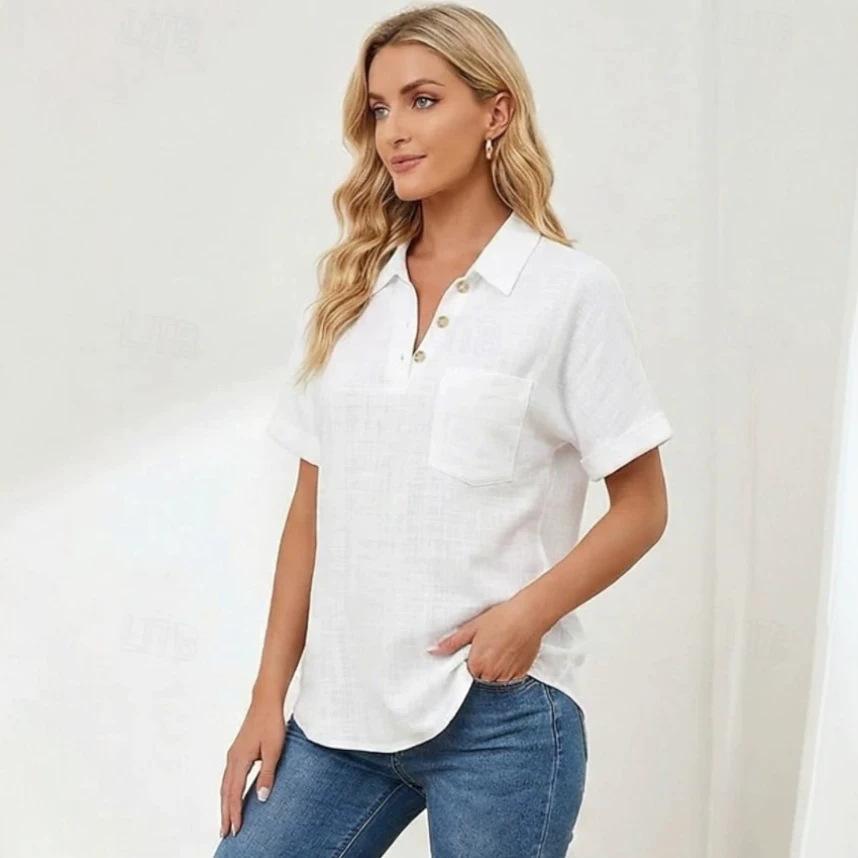 Women's Point Collar Short Sleeve Blouse Regular Fit Minimalist Casual Shirt