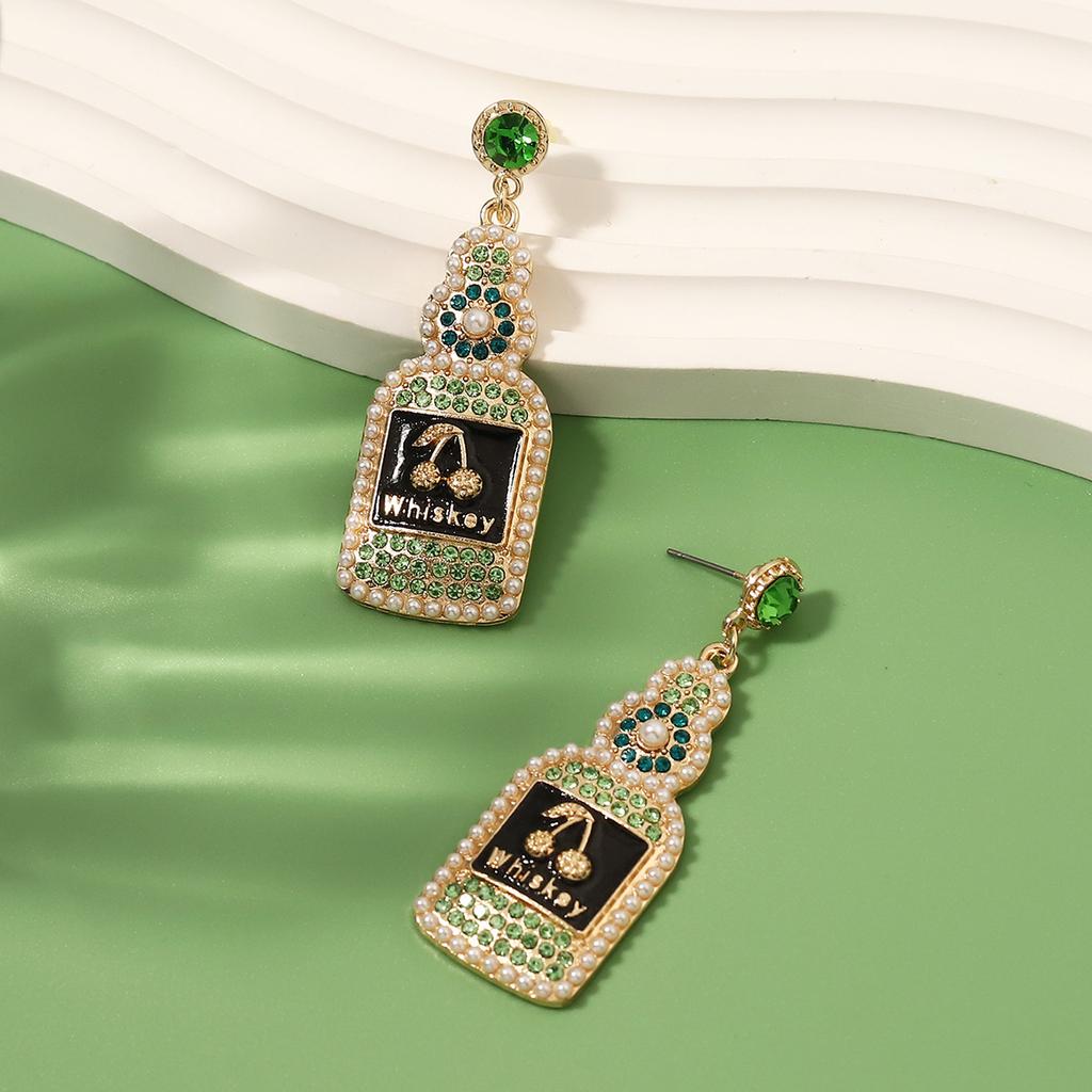 European and American New Fashion Light Luxury Gorgeous Style Temperament Geometric Wine Bottle Cherry Alloy Diamond Pearl Earrings