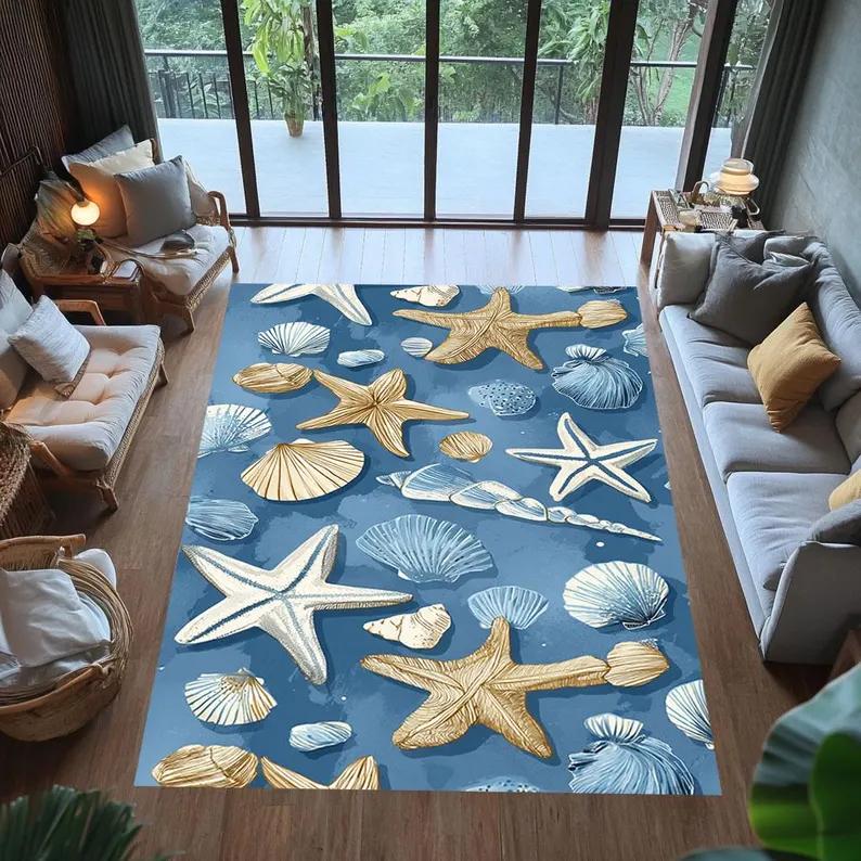 Visual 3D Sea Star Shell Carpet Fully Covered Sea Star Carpet Ocean Series Carpet Door Mat Room Bedroom Decoration Rug