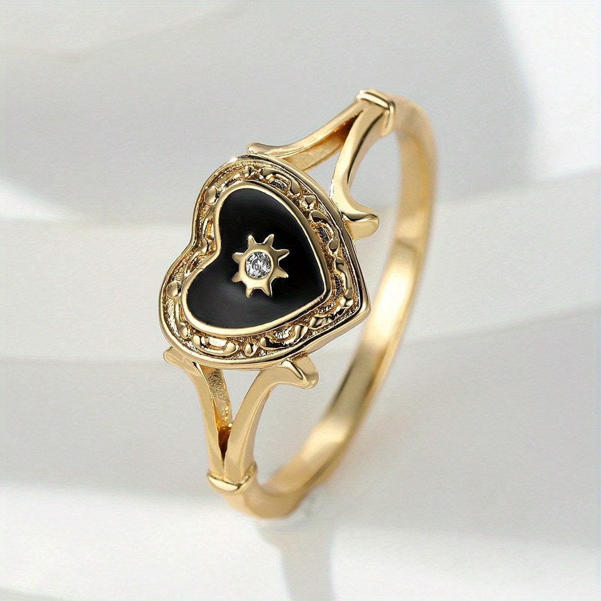 

1pc Elegant Retro Black Heart Ring, Exquisite Split Design, | Retro Gothic Women s Jewelry | Perfect Gift for Her 10 золотий