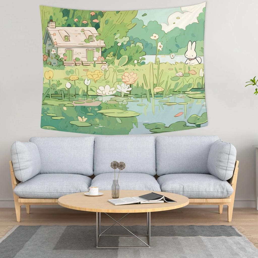 Kawaii Rabbit Wall Tapestry Cartoon Animal Tapestry Cute Green Plant Flower Wall Hangings Bedroom Dorm Decor Birthday Gift
