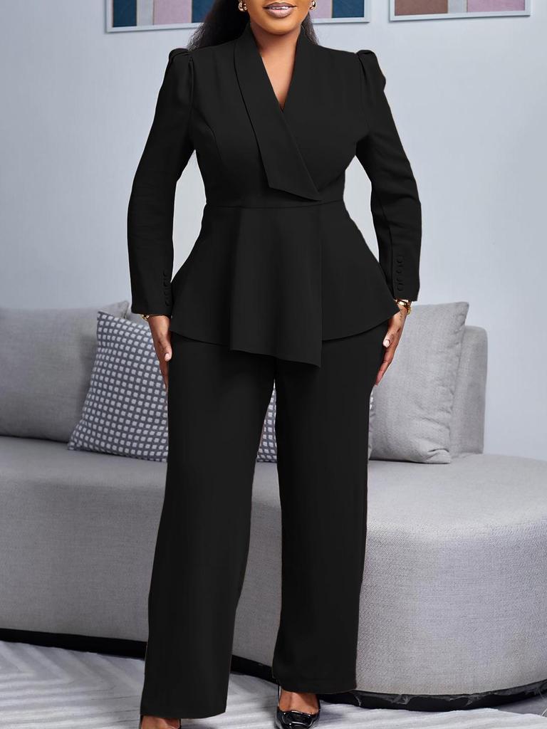 Damen Herbst/Winter 2025 Revers Langarm Top & Weitbeinige Hose Set