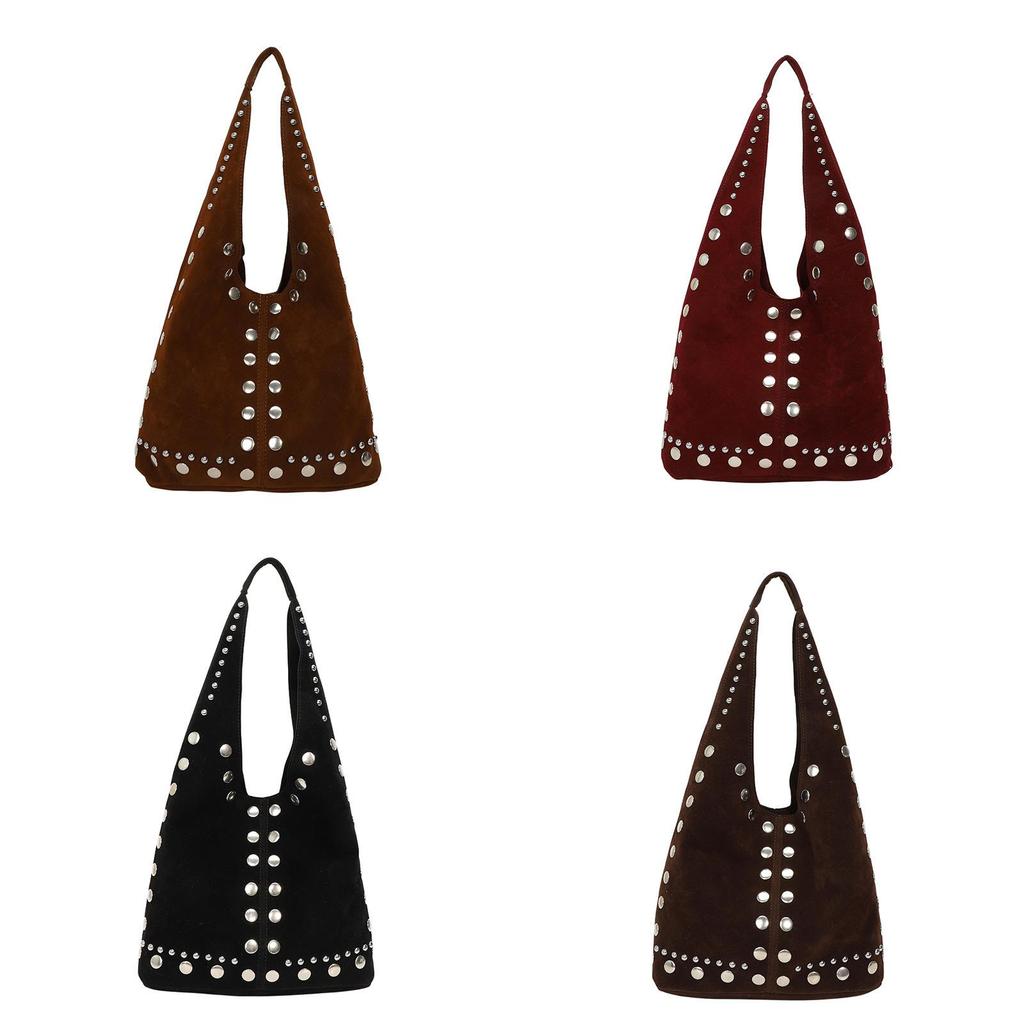 Pu Waterfall Bucket Bag With Metal Rivets For Street Style Fashion