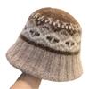 Retro Jacquard Versatile Winter Warm Wool Knit Bucket Hat Face-Slimming Fisherman Cold Weather Hat for Women Casual Round Hat