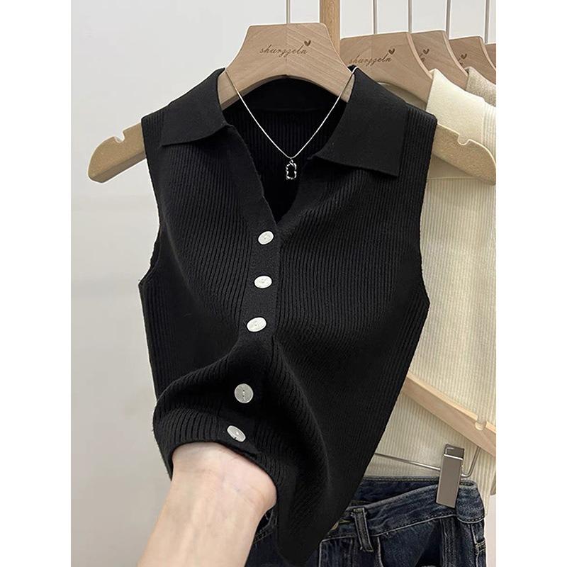 

Womens Rust Ribbed Knit Sleeveless Polo Top Casual Collared V Neck Button Up Vest onesize чёрный