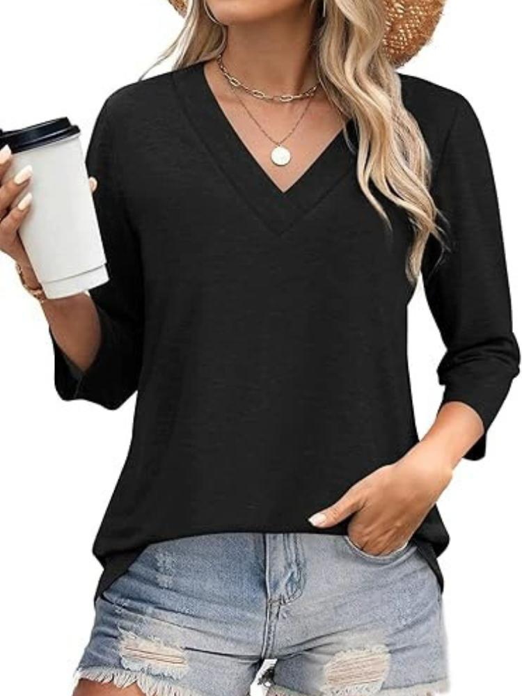 Dámský top s V-výstřihem a 7/8 rukávem, ležérní dámské pletené tričko se zavazováním v pase