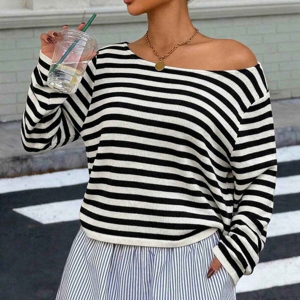Damen Freizeit Gestreifter Strick Langarmshirt Lockerer Sitz Tief angesetzte Schultern Pullover Pullover Leichtes Weiches Stoff Oberteil für den Alltag