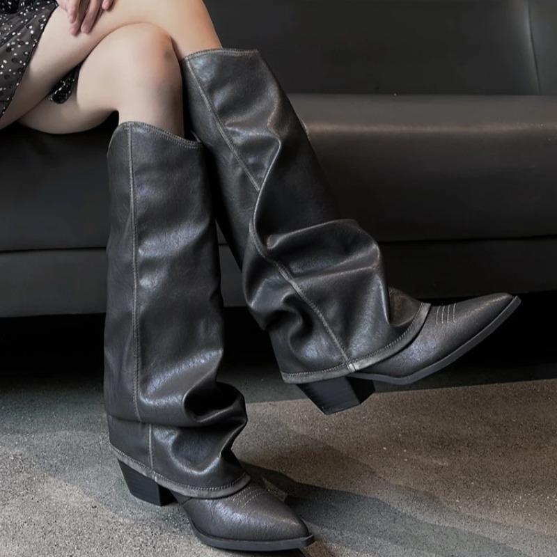 Damenstiefel Mode Spitze Lederstiefel V-Ausschnitt Design Hosenbein Stiefel Knielange Stiefel Western Cowboystiefel Ritter Stiefel