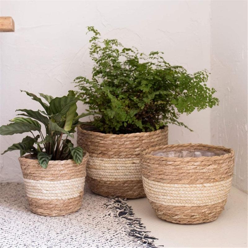 Decorative Flower Pot Cover Set, Three Natural Fiber Baskets In Graduated Sizes with Neutral Color Blocking for Windowsills, Studies, and Entryways