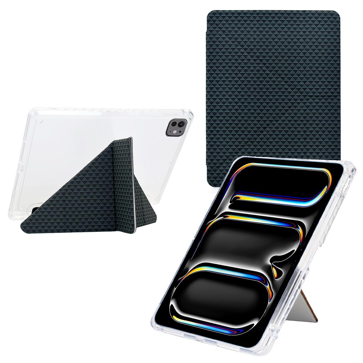 

For iPad Pro 11 (2024) Case Y-Fold Stand Pyramid-Patterned Leather + Clear Acrylic Tablet Cover with Pencil Holder F