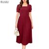 Women Square Collar Summer Casual Short Sleeve Pleated Dress