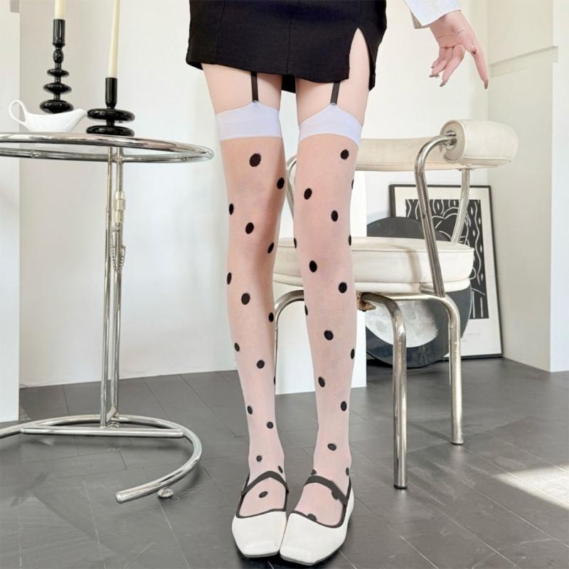 Women Stockings with Attached Garter Belt Japanese Round Dot Jacquard Pattern Sheer Pantyhose Tights Thigh High Long Socks
