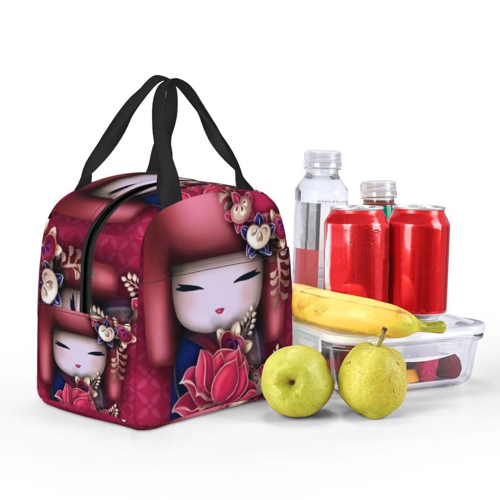 Custom Japanese Girl Sakura Kokeshi Doll Lunch Bag Men Women Warm Cooler Insulated Lunch Box for Kids School Children