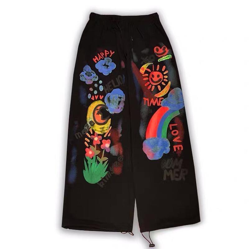 Pantalones Rectos Hip Hop de Dibujos Animados con Graffiti Y2k para Mujer Streetwear Moda Primavera Otoño Nuevos de Letras Holgados Casual Pierna Ancha