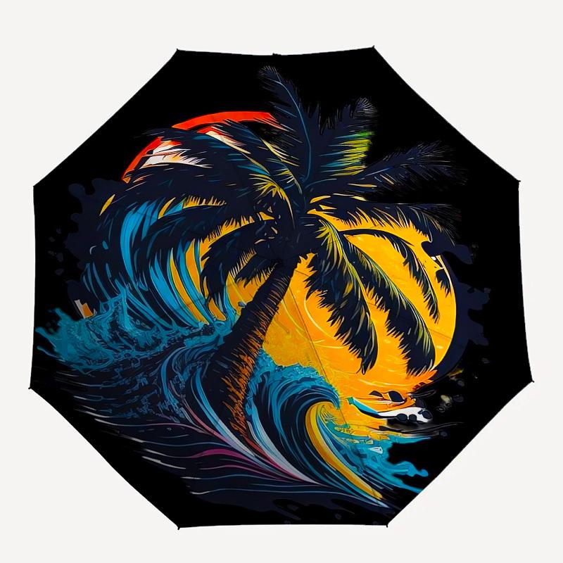 1pc Ocean Wave Sunset Palm Tree Surfing Umbrella with Plastic Handle,Suitable for All Seasons UmbrellaPT447