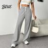 Solid Color Casual Pants Women Elastic High Waist Adjustable Drawstring Straight Wide Leg Trousers with Pockets Wide-leg