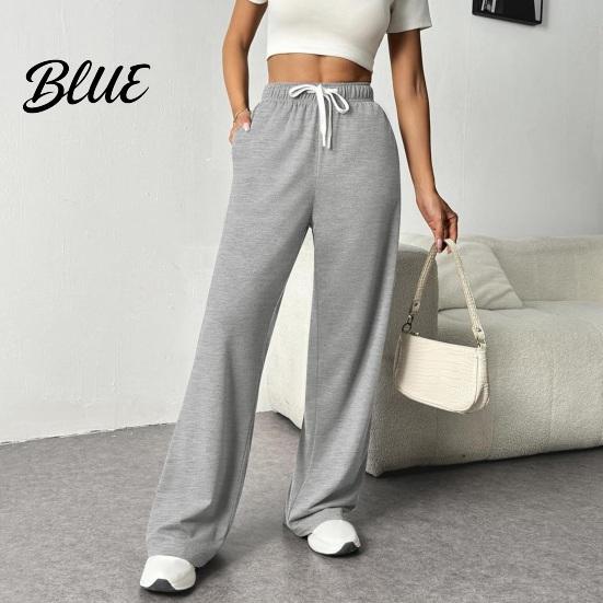 Solid Color Casual Pants Women Elastic High Waist Adjustable Drawstring Straight Wide Leg Trousers with Pockets Wide-leg