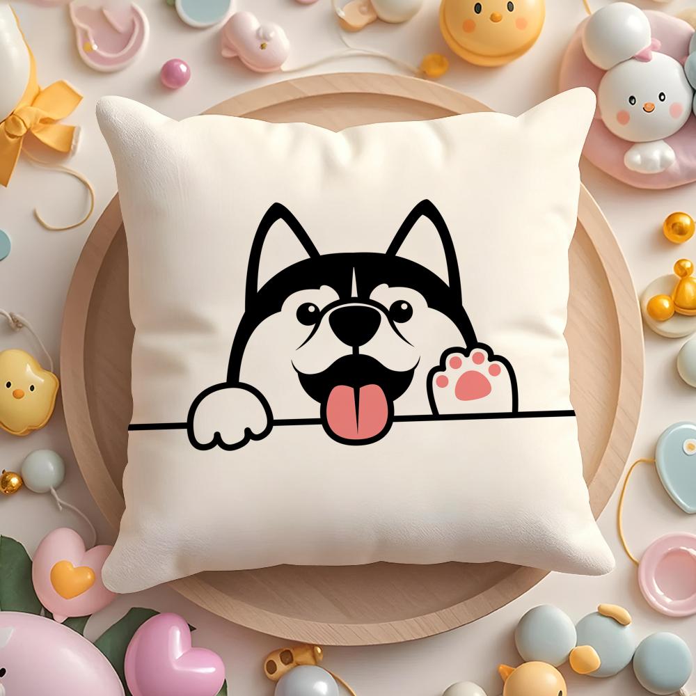 Cushion Cover Cute Dog Waving Paw Plush Fabric Soft Double-Sided Printed Sofa Warm Winter Home Gift Pillow Case