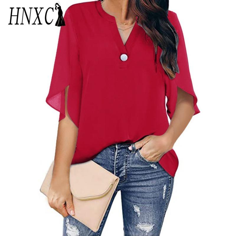 HNXC Women's Fashion Casual Solid Color Print Short Sleeve V Neck Blouses & Shirts