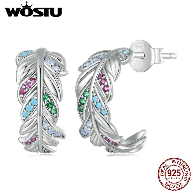 

WOSTU Аутентичные серьги-гвоздики из стерлингового серебра 925 пробы с разноцветными перьями, серьги-гвоздики с кубическим цирконием и платиновым покрытием, ювелирные изделия для женщин 925 silver