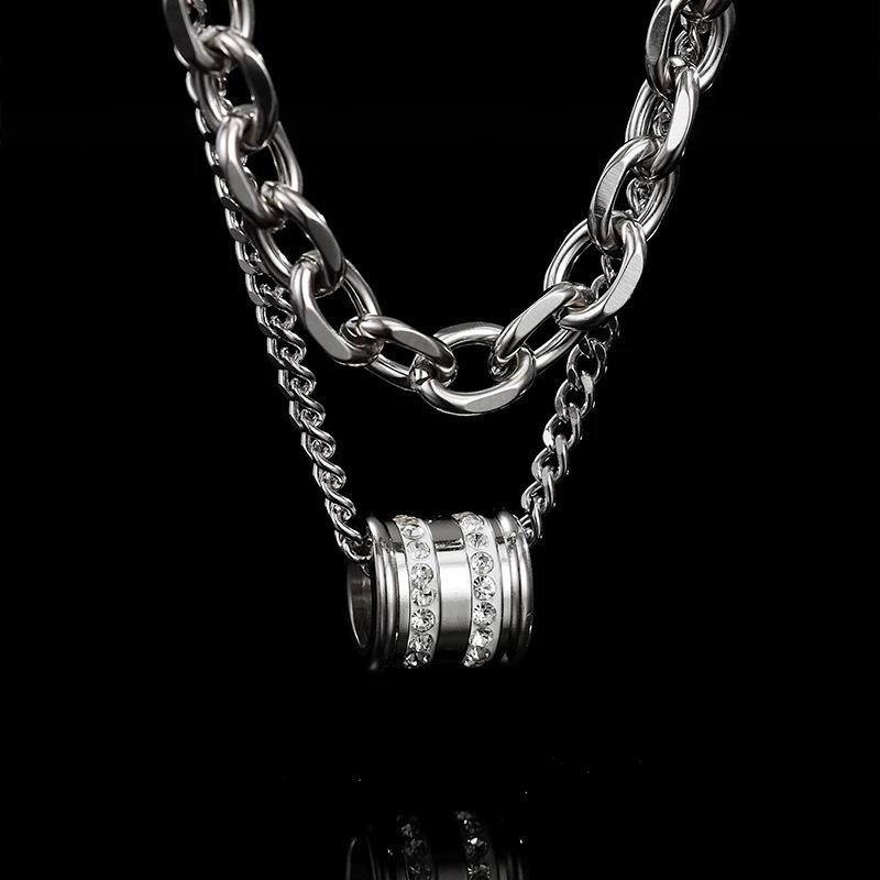 Double Layered Diamond Studded Transport Pearl Titanium Steel Necklace with High-end Feel Collarbone Chain серебряный