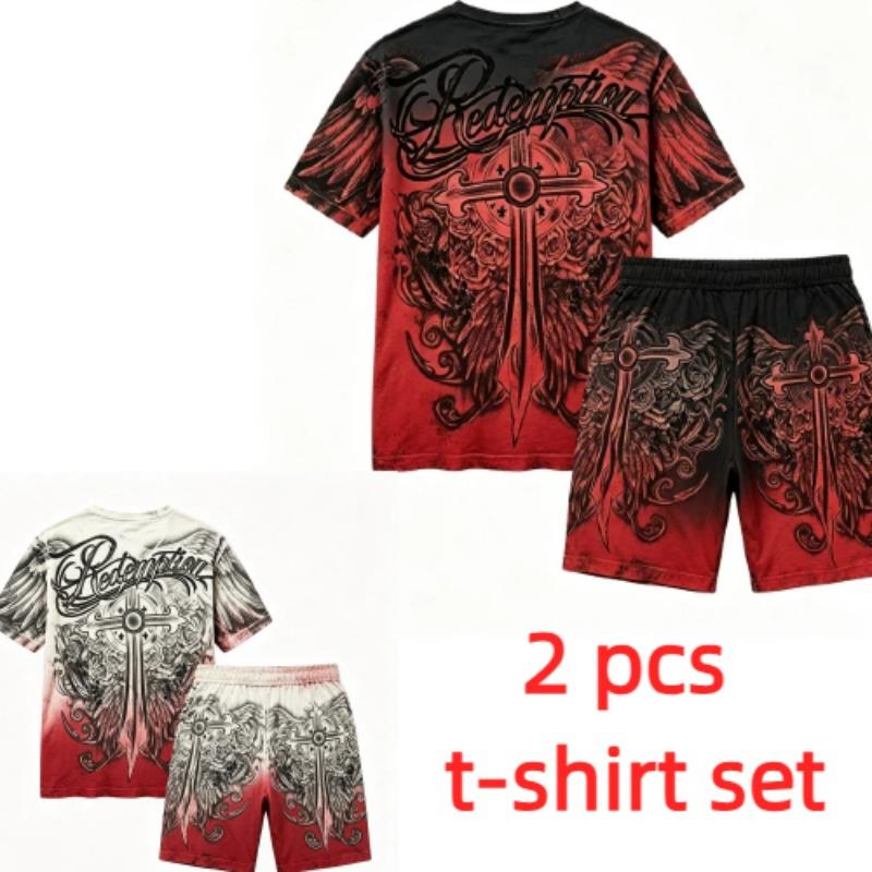 Sommer Gotischer Stil Kreuzschwert Aufdruck Rundhals Kurzarm T-Shirt und Shorts Set Herren und Damen T-Shirt Shorts Set