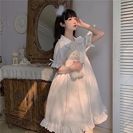 Lady Lazy Lolita Short Sleeve Round White Dress, Collar, Knee-Length, (L)