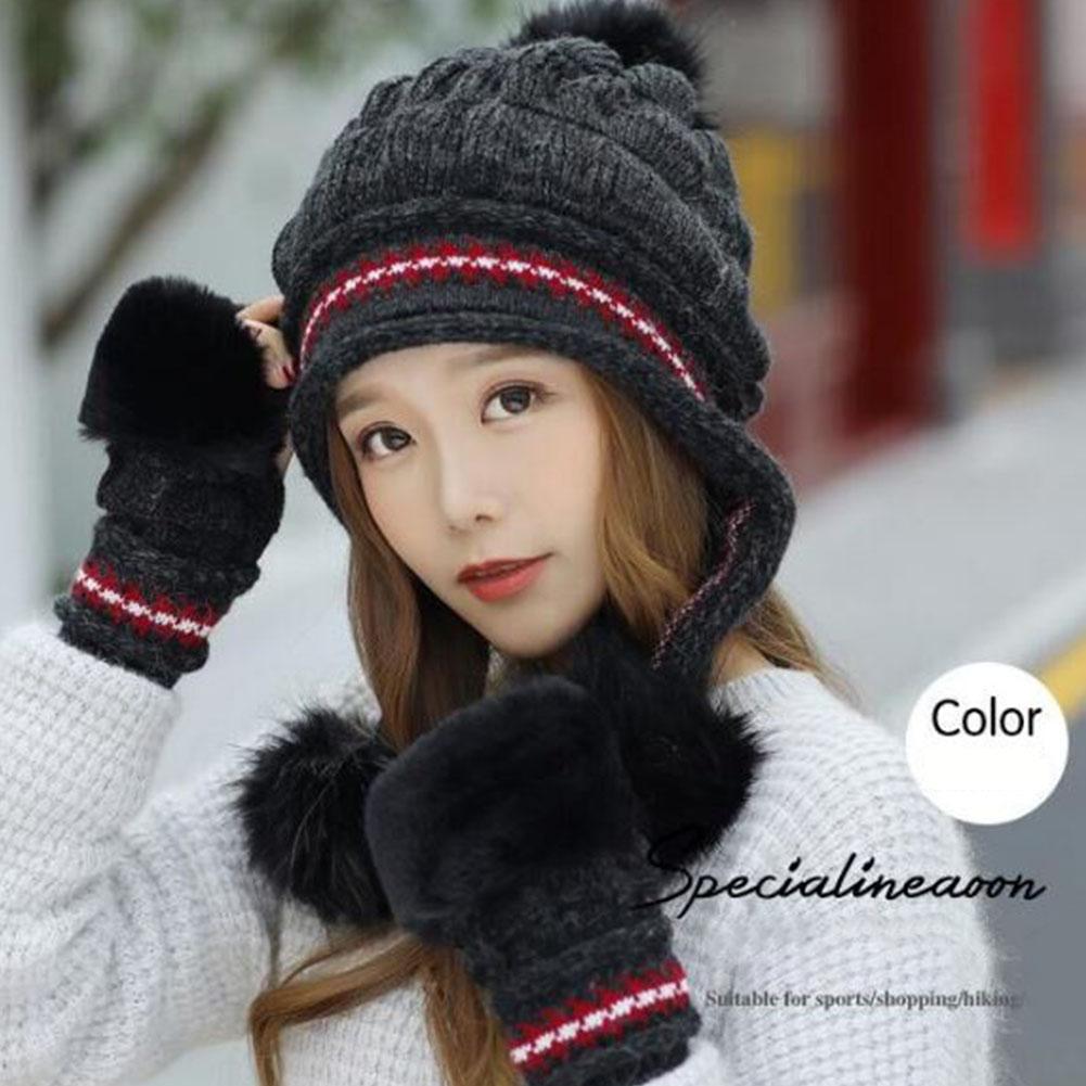 Girls Thicken Ski Snow Cap Fur PomPoms Winter Women Beanie Hats Female Skullies Warm Gloves + Knit Hat Set