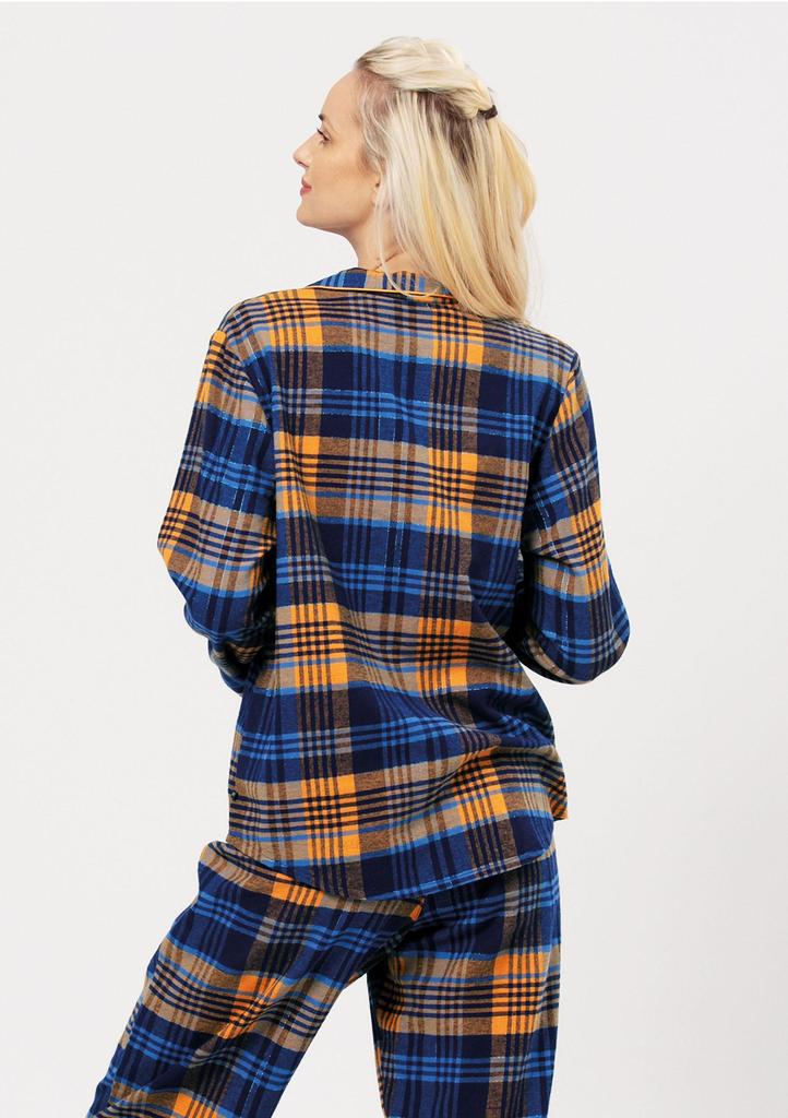 Piżama damska flanelowa w kratę z rozpinaną koszulą i długimi spodniami LNS 481 Key LNS 481 B24 PIŻAMA DAMSKA granat/pomarańczowy 4XL