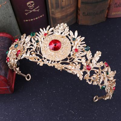 Neue Tiara-Krone für die Braut im europäischen Stil, blattförmige, barocke goldene Retro-Brautkrone mit roten Diamanten