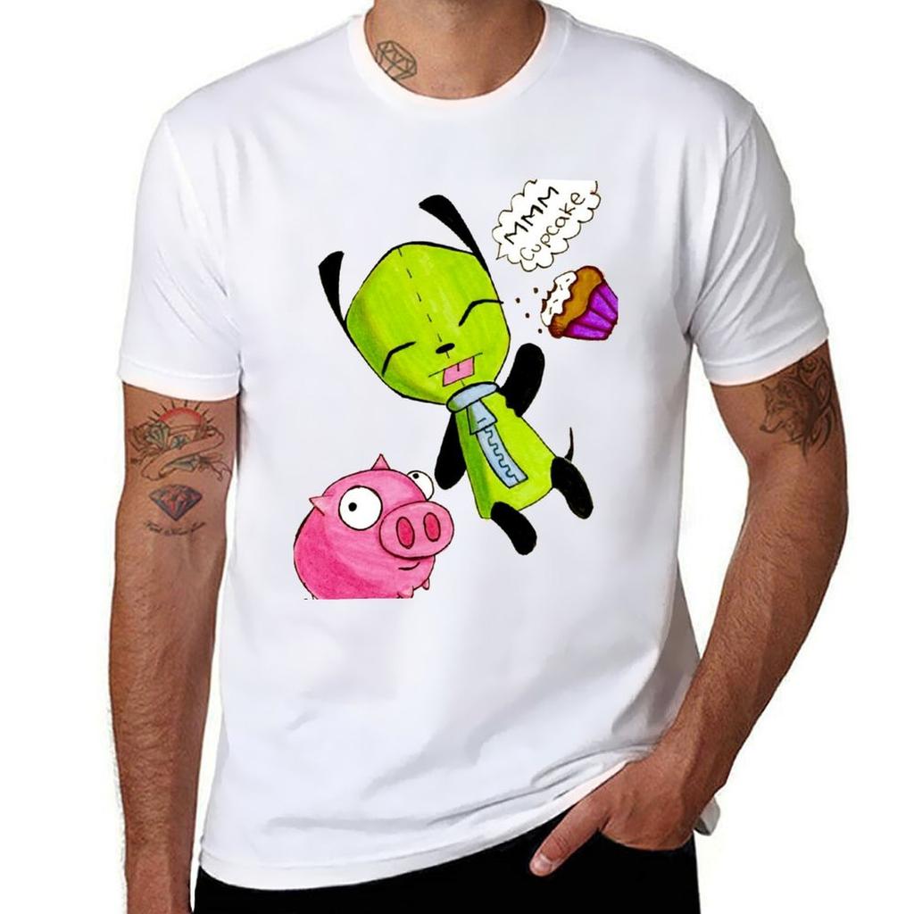 Gir With His Pig And Cupcake Tshirt Casual Basic Short Sleeve Tshirt
