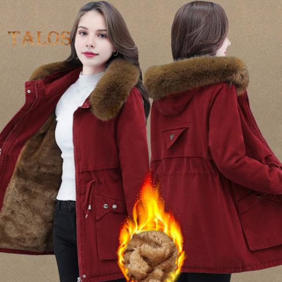 Winter Women Cotton Jacket with Furry Hood with Double Pockets Drawstring Waist Mid Length Zipper Closure Coat Solid Color Windproof Outwear Parka