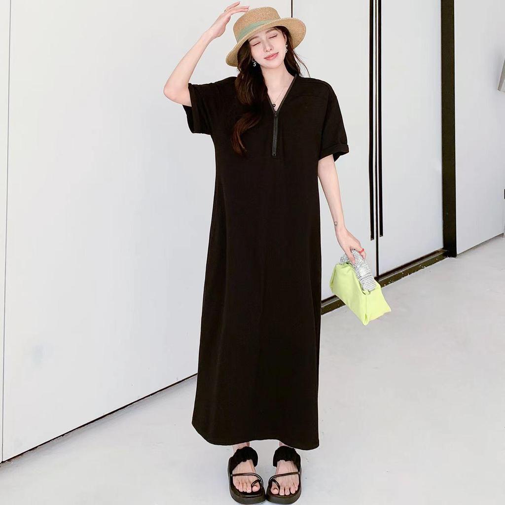 Retro Hepburn Style Plus Size Zipper Dress - Solid Color, Loose Fit Long Dress for Women