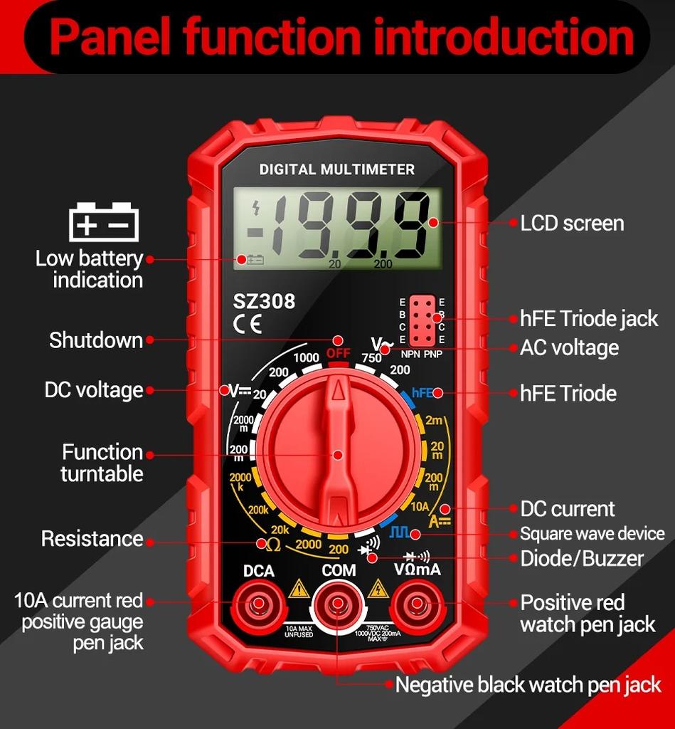 ANENG SZ308 Square Wave Digital Tester 1999 Counts HFE Triode Buzzer Multimeter AC/DC Voltage 10A Current Multimeters Meter Tool