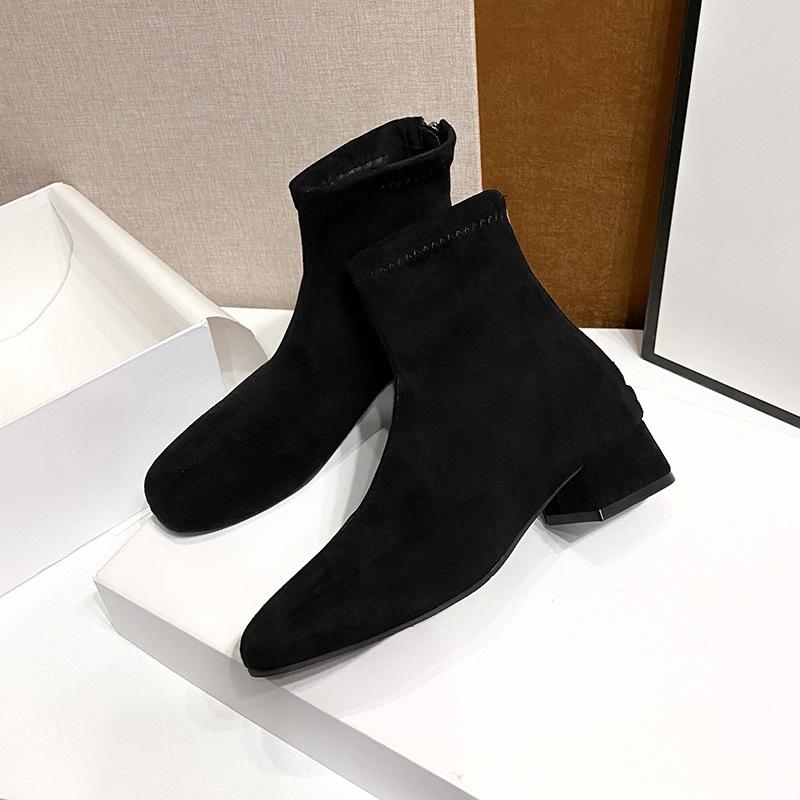 

Brown short boots women s high heels autumn and winter new suede rear zipper French small ankle boots thick heel elastic square head thin boots 35 чёрный