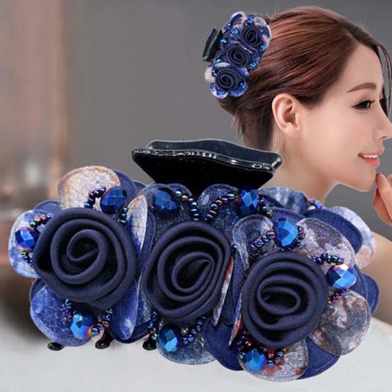 Non-slip Crossing Teeth Women Hair Claw Flower Beads Decor Bow Bath Hair Claw Styling Tool